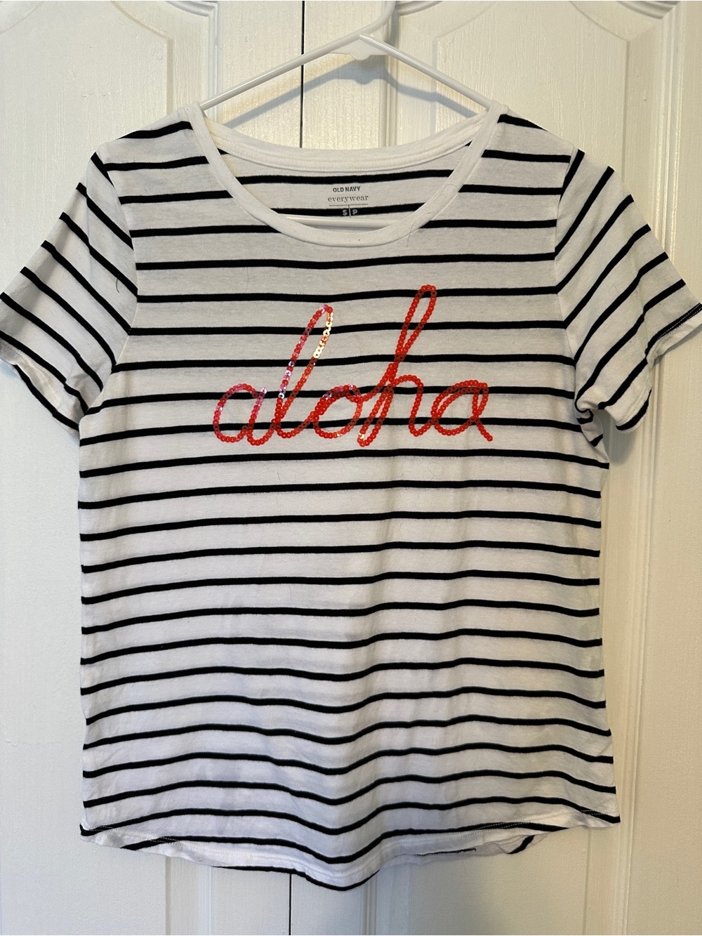 Old Navy White & Black Striped Tee with Red Sequin Script